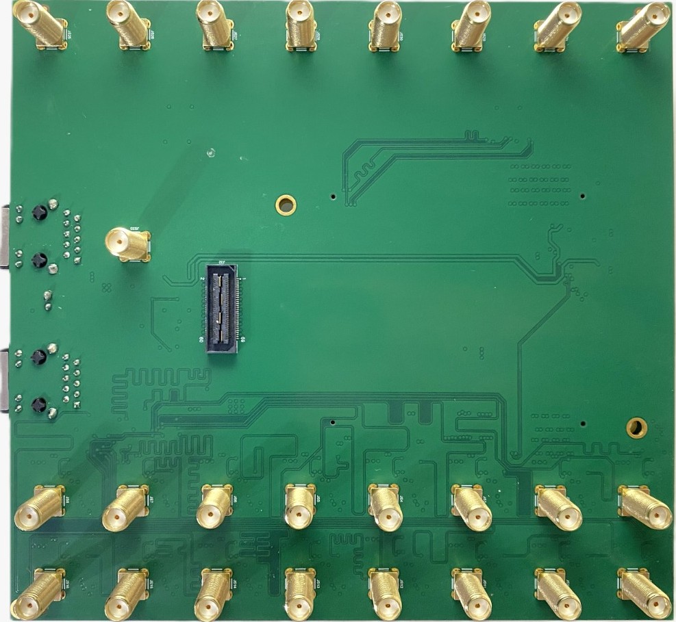 Bottom view of Nexatom 16 input 8 output time tagger PCB connectors