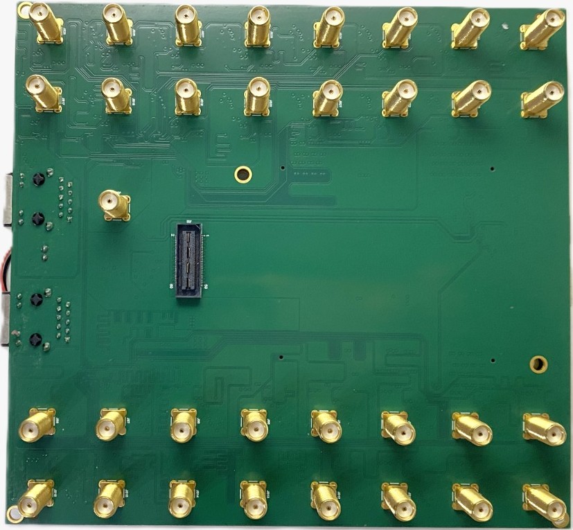 Bottom view of Nexatom 32-channel time tagger PCB connectors